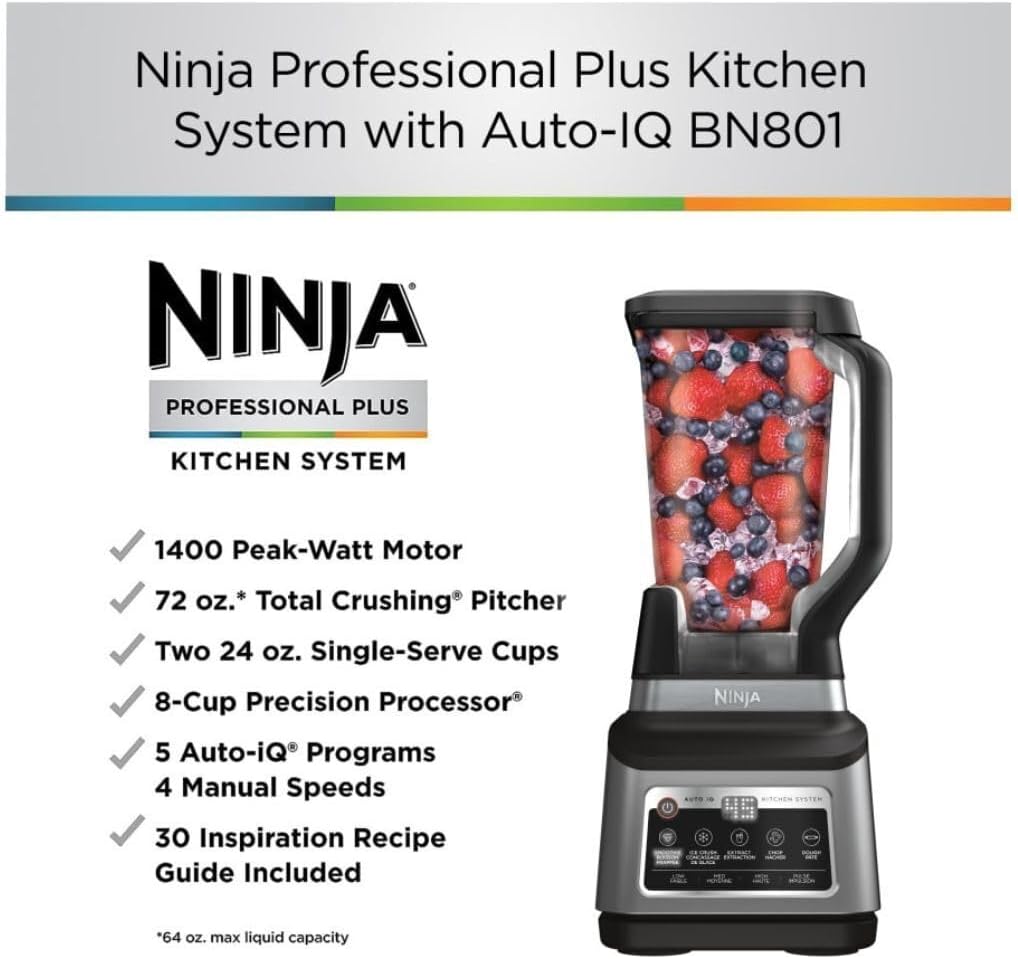 Ninja BN801 Professional Plus Kitchen System with Auto IQ, 1400 Wp - Gray (Renewed)