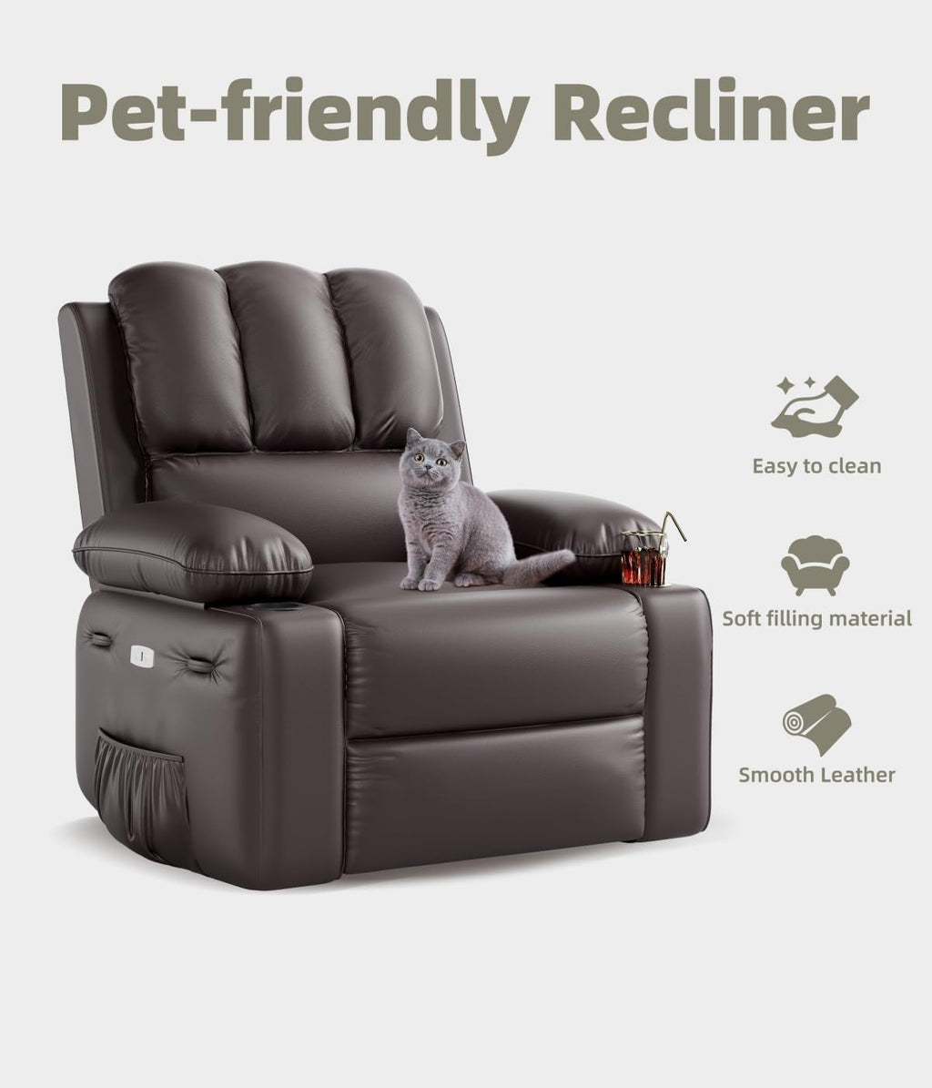 GarveeHome Oversized Power Recliner Chair with Heat and Massage - 360° Swivel Faux Leather Rocking Chair for Adults with Cup Holder for Living Rooms, Bedrooms, and Nurseries - Brown