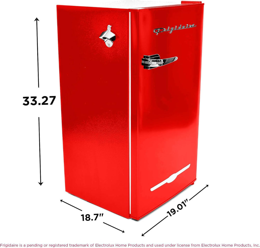 Frigidaire Retro Compact Fridge with Chiller, 3.2 cu ft Countertop Fridge with Built-In Bottle Opener, Compact Refrigerator for Office, Bedroom, Dorm Room or Cabin (Red)