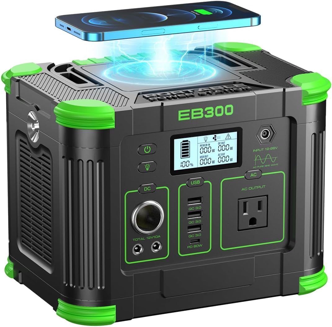 Portable Power Station 330W Solar Generator 288Wh, 60W USB-C PD Fast Charging, Pure Sine Wave AC Outlet, 5W Wireless Charger, LED for RV Camping, CPAP Emergency Backup & Off-Grid Living (Peak 600W)
