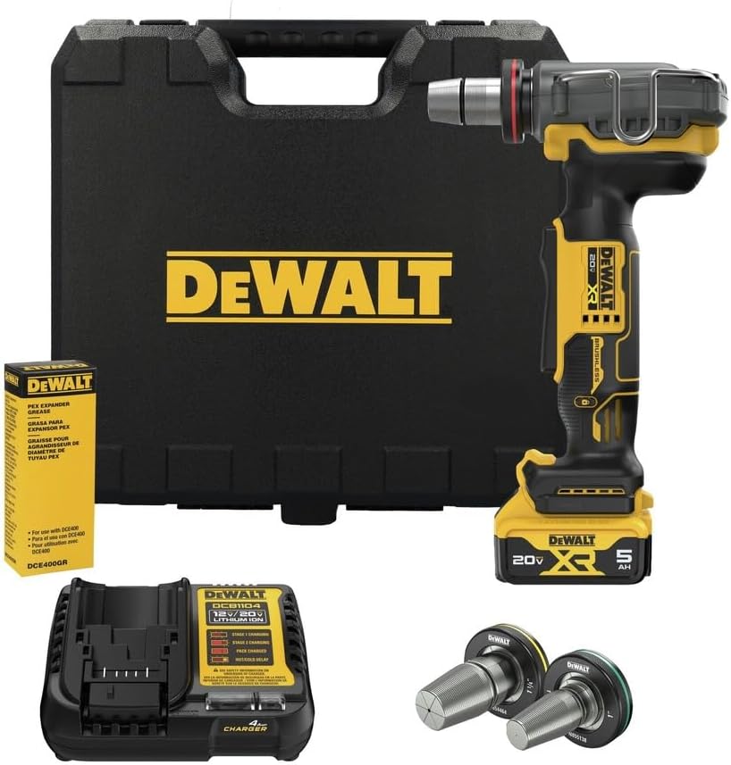 DEWALT 20V MAX XR PEX Expander Tool Kit with 1', 1-1/4', and 1-1/2' Expansion Heads, Battery and Charger Included (DCE410P1)