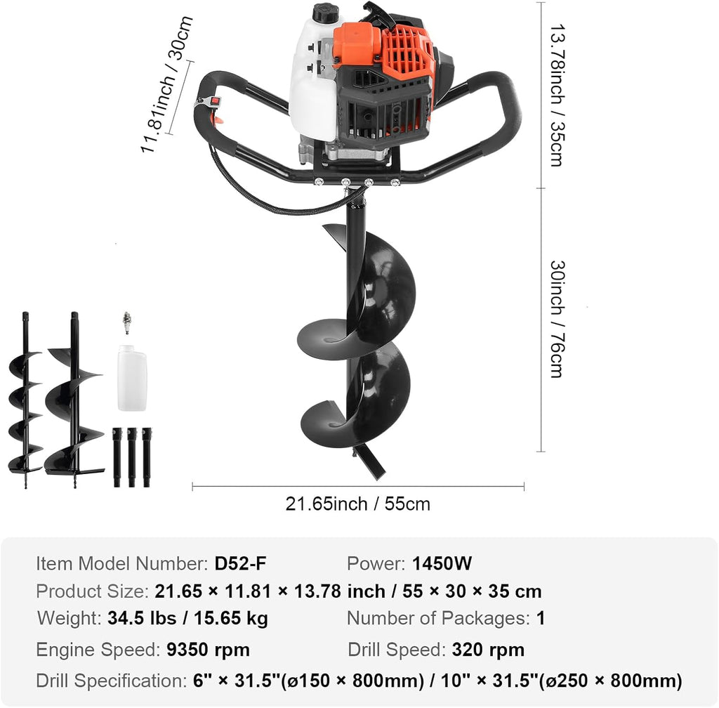 VEVOR Post Hole Digger,52cc 1450W Auger Digger,Gas Powered Earth Digger with Two Drill Bit 6''& 10''and 3 Extension Rods,for Farmland,Garden and Plant,EPA Certification,Black+Orange+White