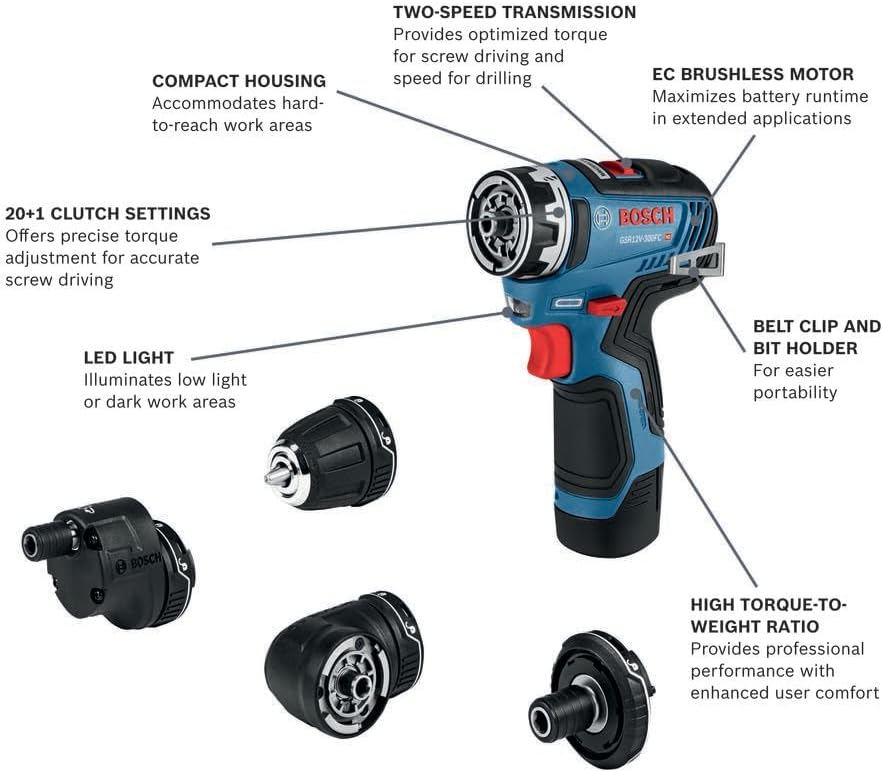 Bosch GSR12V-300FCB22 12V Max Drill/Driver with 5-In-1 Flexiclick® System with (2) 2.0 Ah Batteries