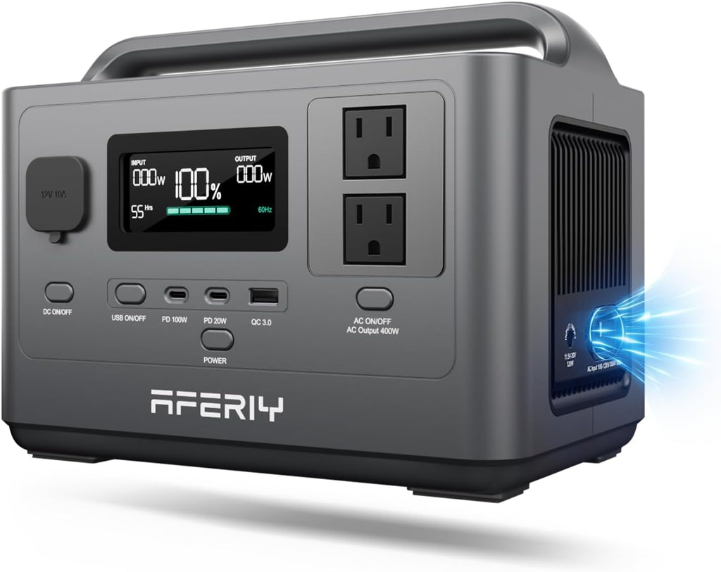 AFERIY Portable Power Station 800W Peak/400W Rated,45min Fast Charging, 80000mAh/256Wh LiFePO4 Battery, 10ms UPS, Solar Powered Power Bank with AC Outlet 120V for Camping, Outdoor, Emergency,Home Use
