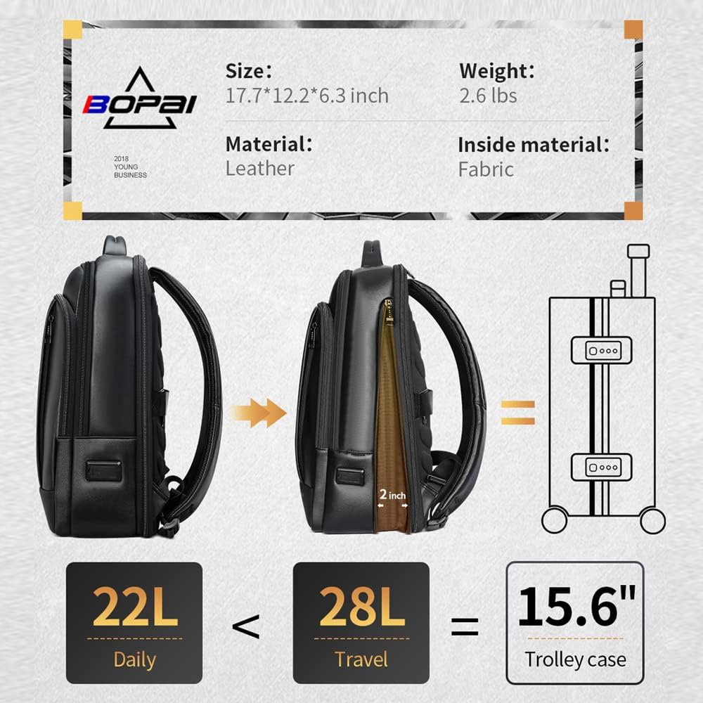 BOPai Genuine Leather Backpack for Men Multi-Function Expand 15.6 inch Business Laptop Backpack Travel Smart with USB Charging Backpack Office Black