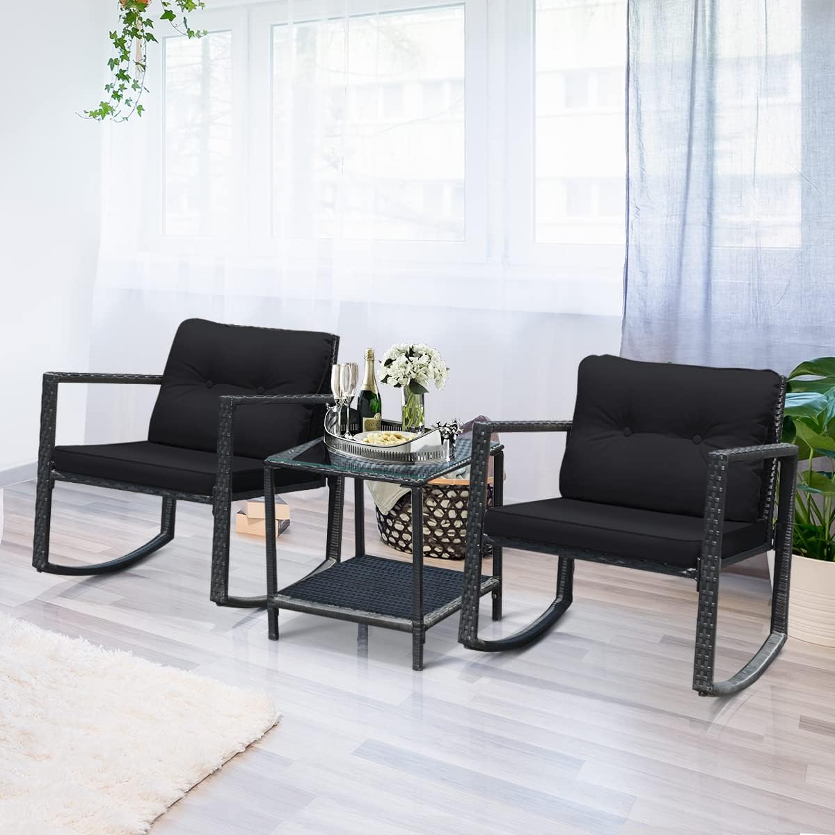 Tangkula 3 Pieces Patio Wicker Rocking Bistro Set, Outdoor Rocking Chair Furniture Set w/Cushioned Seat, Conversation Set w/Glass Coffee Table and Storage Shelf (Black)