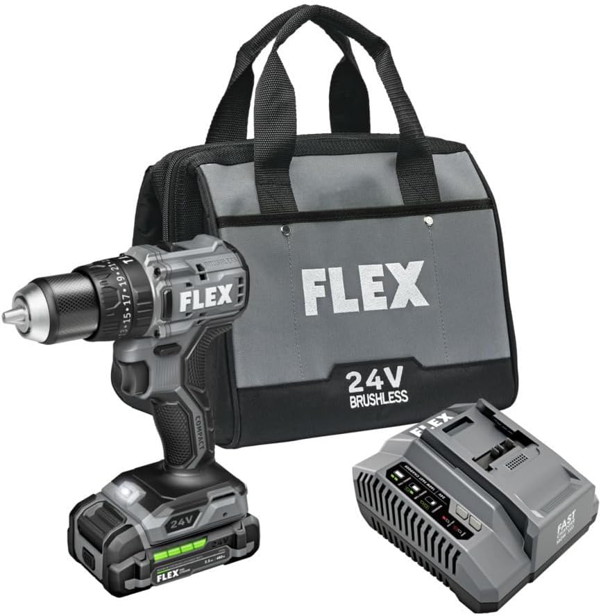 FLEX 24V Brushless Cordless 1/2-Inch 650 In-Lbs Torque 2-Speed Compact Hammer Drill Kit with 2.5Ah Lithium Battery and 160W Fast Charger - FX1231-1A