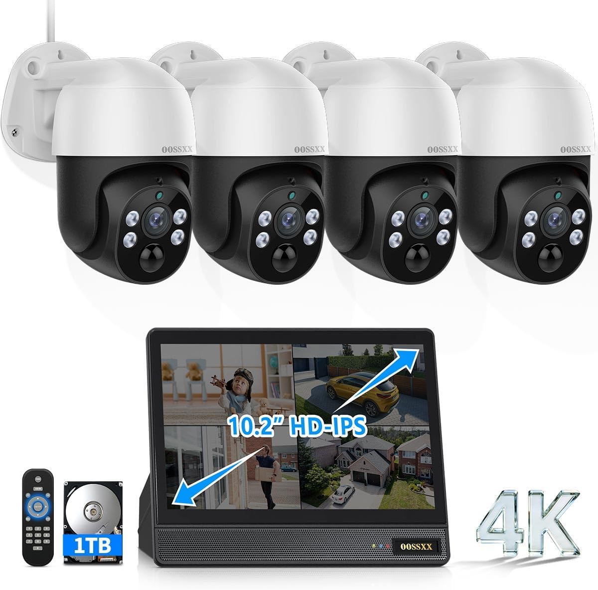 OOSSXX (2026 New) 4K PoE PTZ Security Camera System with 10'' Monitor, 8CH NVR, 4 Wired Outdoor Cameras, Pan Tilt Auto Tracking, AI Human Detection, Free App, No Monthly Fee, IP65