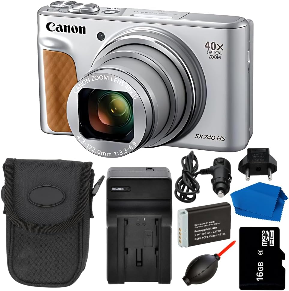 Canon PowerShot SX740 HS Digital Camera (Silver) 9PC Bundle - Includes Replacement Battery + AC/DC Rapid Home & Travel Charger + More