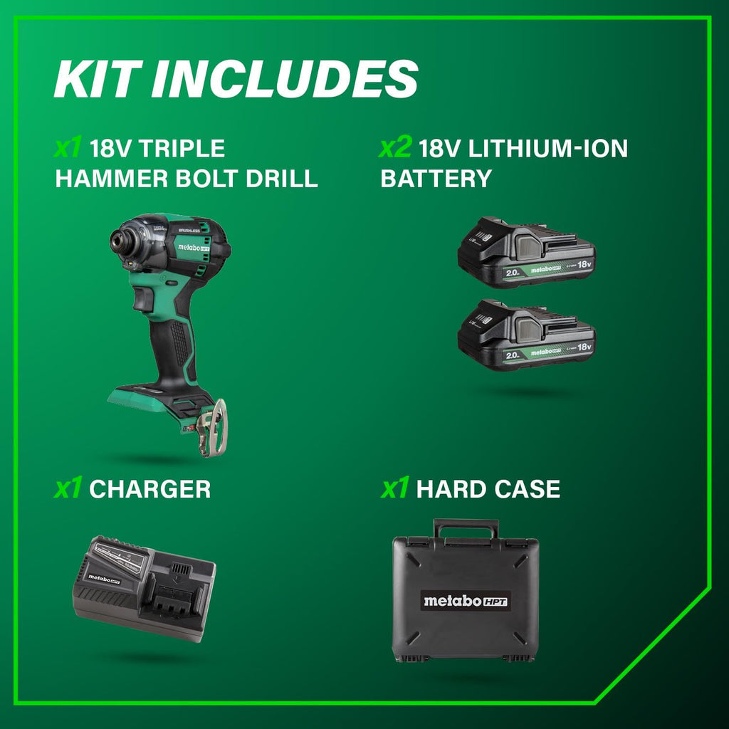Metabo HPT 18V MultiVolt Cordless Triple Hammer BOLT Impact Driver Set, Power Impact Driver Kit with Case, 2 Lithium-Ion Batteries and Charger, 1/4-Inch Chuck, Compact LightWeight Power Tool, WH18DC