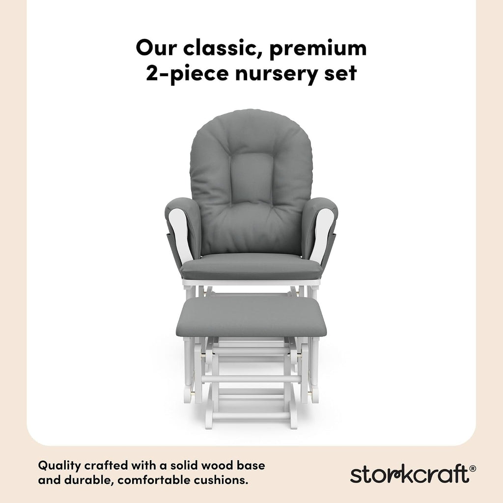 Storkcraft Premium Hoop Glider & Ottoman (White/Gray) — GREENGUARD Gold Certified Nursery Glider, Solid Wood Craftsmanship, Smooth-Gliding, Award-Winning