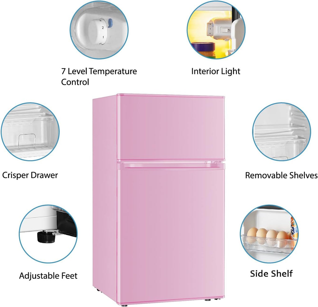 Saeoola Mini Fridge with Freezer, 3.2 Cu.Ft, 2 Doors Compact Mini Refrigerator with Separate Freezer for Dorm, Bedroom, Office, Apartment with 7-Level Temperature Control, Removable Shelves (Pink)