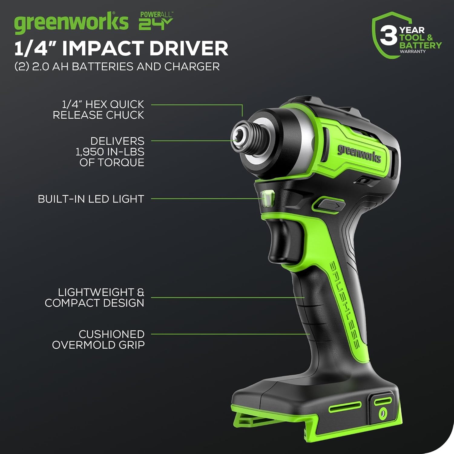 Greenworks 24V Cordless Impact Driver & 2-in-1 Work Light Kit with 2x 2Ah Batteries & Charger – Brushless, Lightweight for DIY, Home Repairs & Outdoor Use