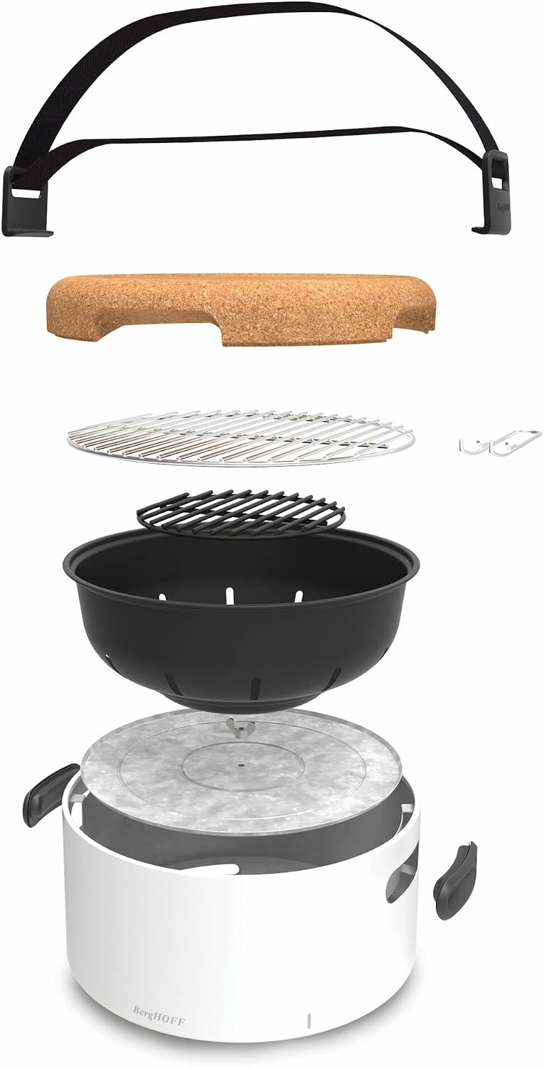 BergHOFF LEO Portable Tabletop BBQ Grill To-go grill with Heat Resistant Base Easy-carry strap & detachable handles, Removable elements, Adjustable airflow, 13.75', White