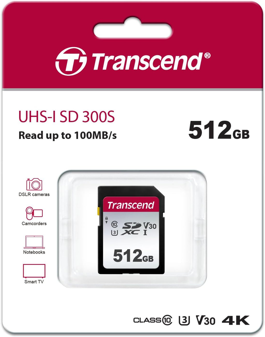 Transcend SDC300S 512GB SDXC SD Card, UHS-I U3 V30, 4K UHD & Full HD for DSLR Cameras/Digital Cameras/Trail Cameras/Camcorder, Up to 100MB/s, Class 10 High-Speed Memory Card