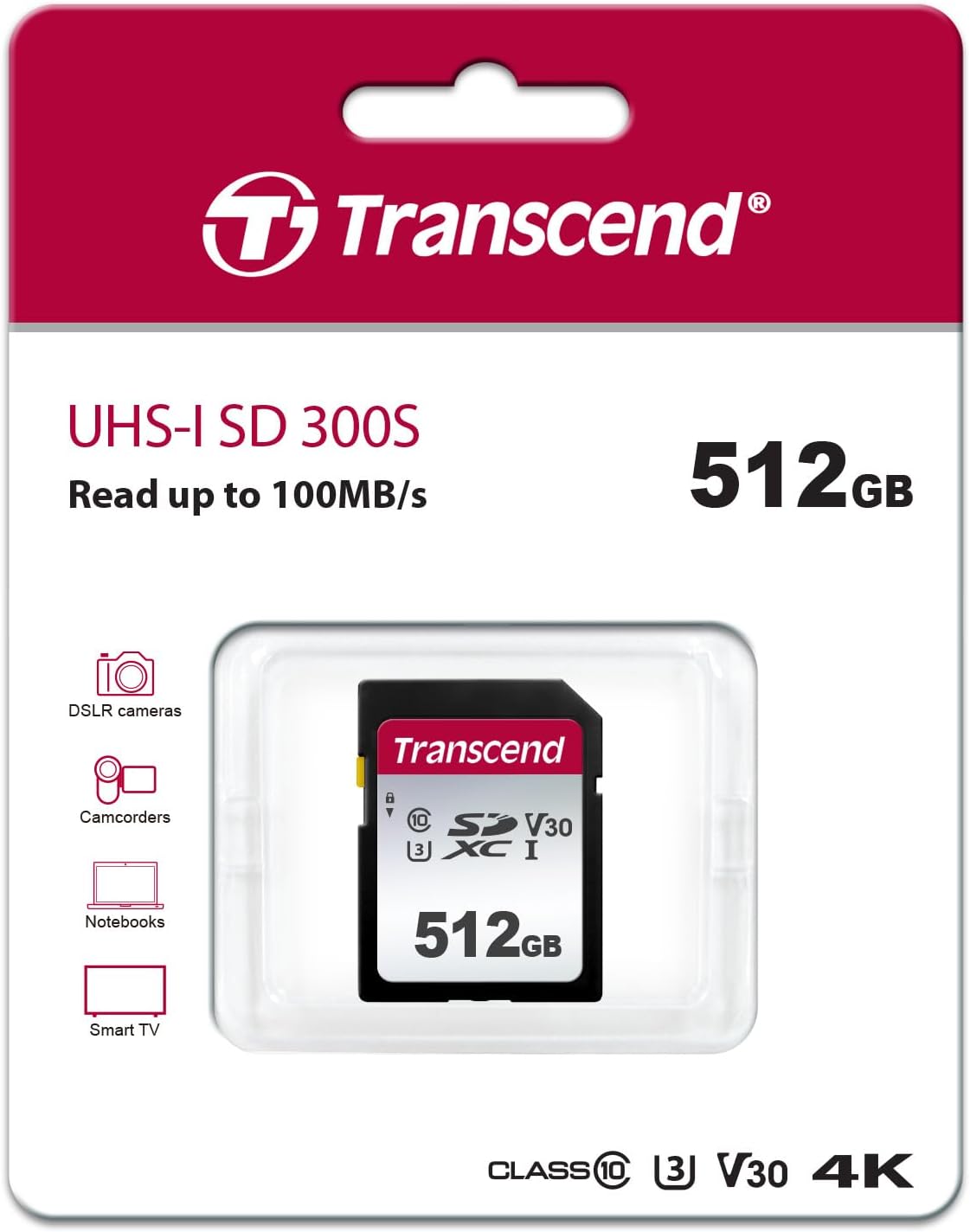 Transcend SDC300S 512GB SDXC SD Card, UHS-I U3 V30, 4K UHD & Full HD for DSLR Cameras/Digital Cameras/Trail Cameras/Camcorder, Up to 100MB/s, Class 10 High-Speed Memory Card