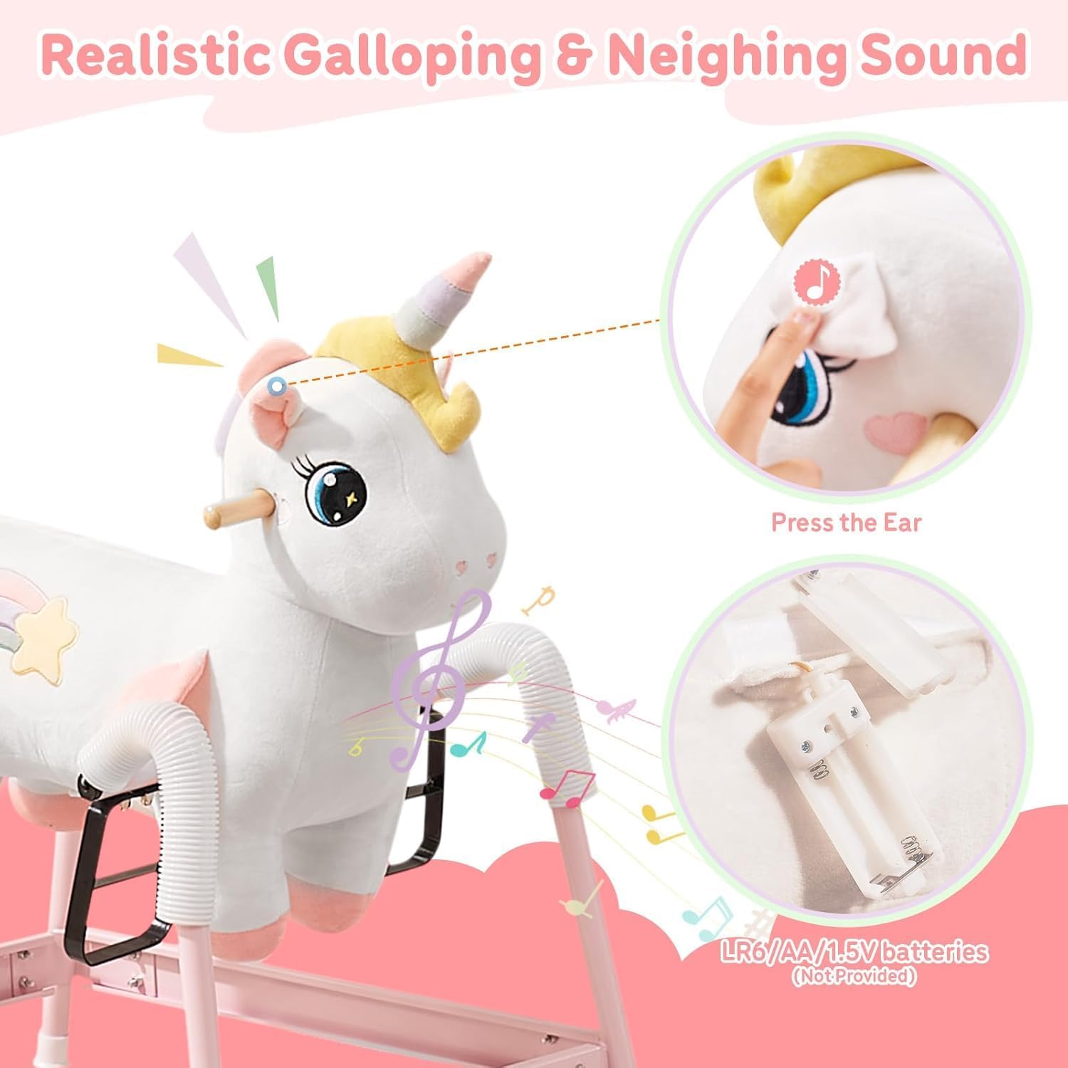 FUNLIO Unicorn Spring Rocking Horse for Kids 3-6, Rainbow Fairy Ride on Horse with Covered Spring & Sturdy Frame, Neighing & Galloping Sound for Pretend Play, Horse Toys Gift, CPC & CE Certified