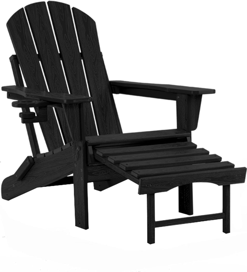 Folding Adirondack Rocking Chair Set of 4,4-in-1 Multifunctional Patio Chairs with Retractable Ottoman, Outdoor Chairs Wood Texture, Lawn Chair for Porch, Backyard, Pool(Black)