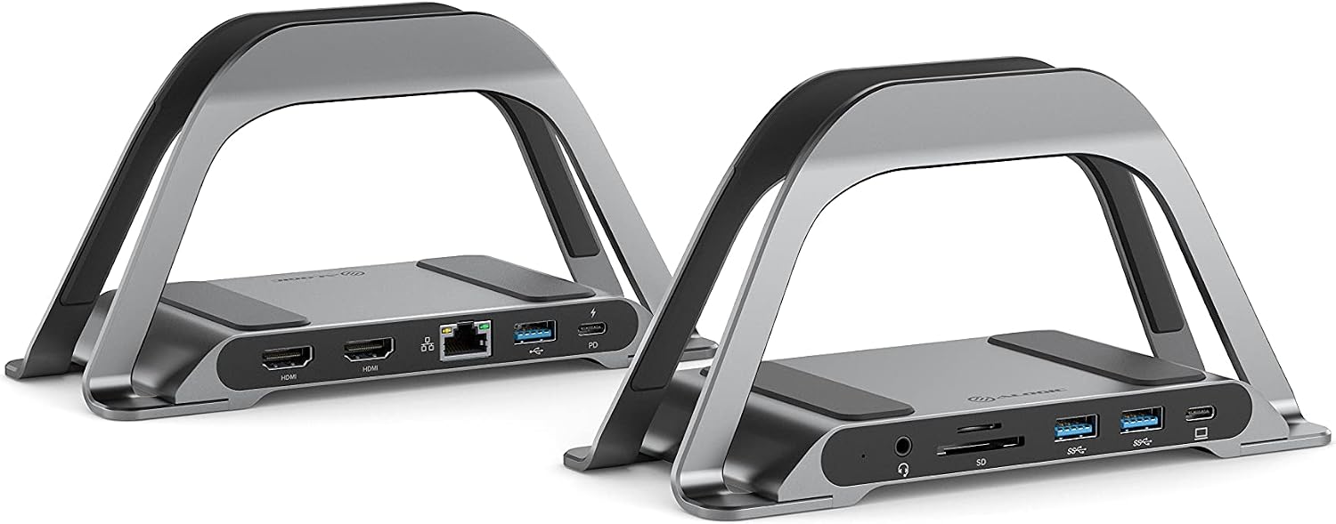 ALOGIC Bolt Plus USB C Laptop Docking Station w/ Stand, 10-in-1 4K Dual Monitor Dock w/ 2 HDMI, 3 USB, SD/TF, 100W Charging, Gigabit Ethernet, 3.5mm Audio, Aluminum Stand for MacBook, Windows Laptop