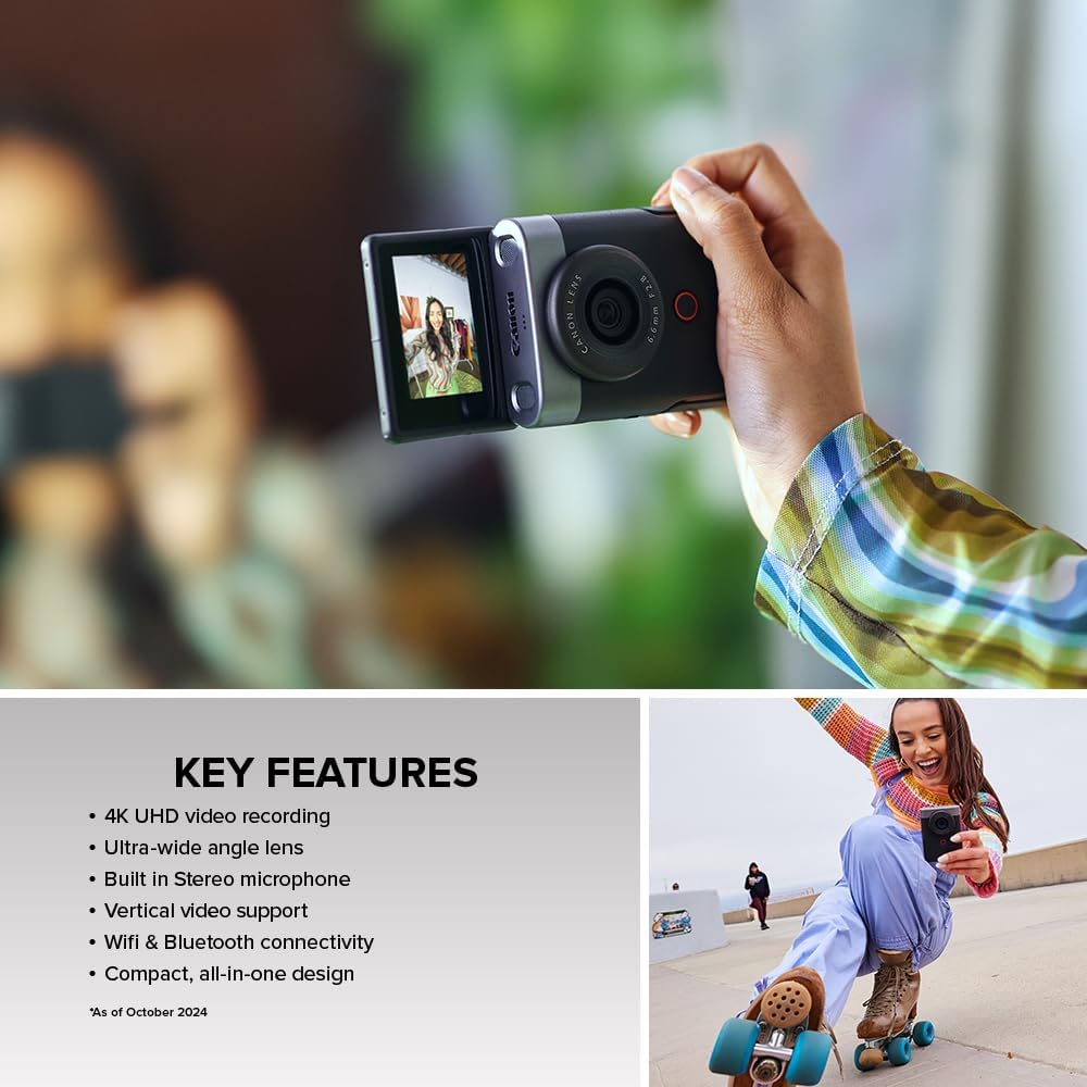 Canon PowerShot V10 Compact Vlogging Camera, 1' CMOS Sensor, 4K Video Streaming, Built‑in Wide‑Angle Zoom Lens, Flip‑LCD & Stereo Mic, Image Stabilization, Creator Studio in Your Pocket, Black