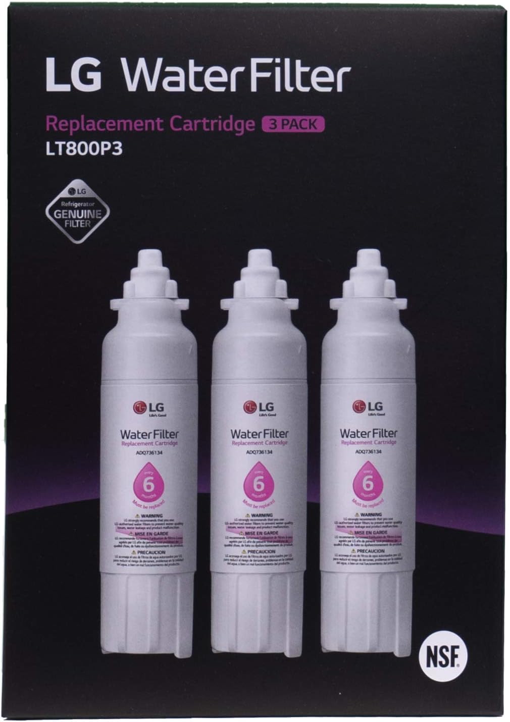 LG LT800P3 6-Month / 200 Gallon Replacement Refrigerator Water Filter, 3 Count (Pack of 1), White