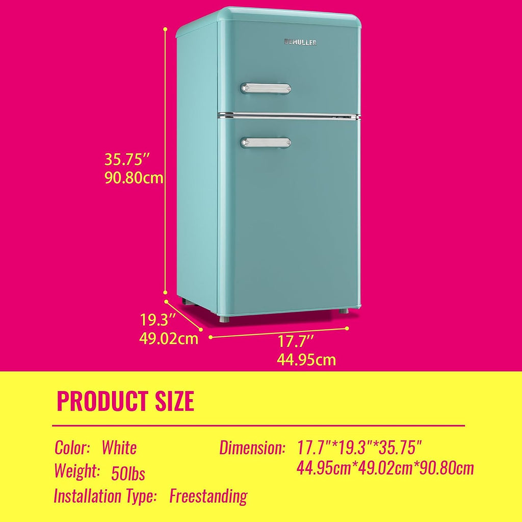 DEMULELR Retro Mini Fridge Dual Door Refrigerator with Freezer, 3.5 Cu.ft Small Refrigerator with Handle, Adjustable Temperature & Removable Glass Shelves, for Apartment/Dorm/Office/RV, BLUE