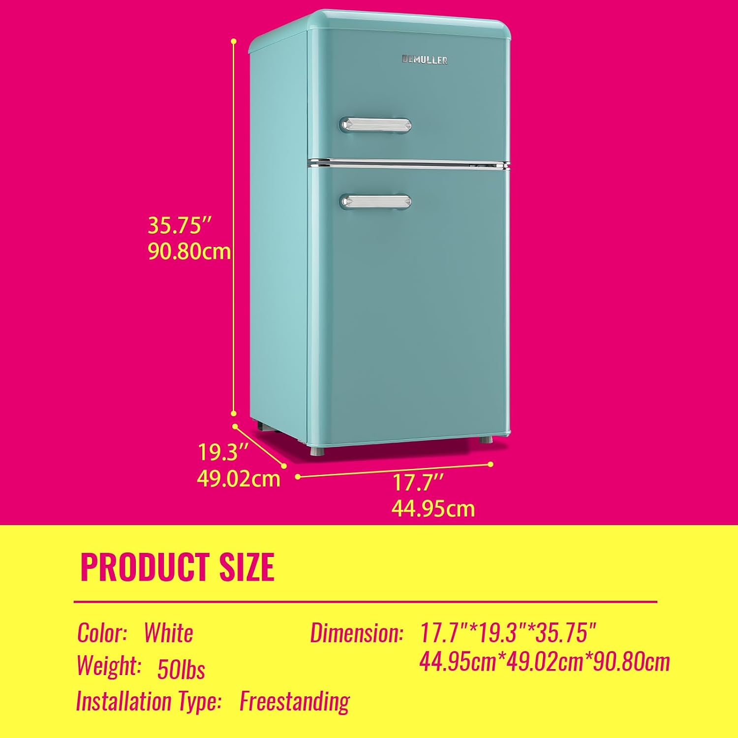 DEMULELR Retro Mini Fridge Dual Door Refrigerator with Freezer, 3.5 Cu.ft Small Refrigerator with Handle, Adjustable Temperature & Removable Glass Shelves, for Apartment/Dorm/Office/RV, BLUE