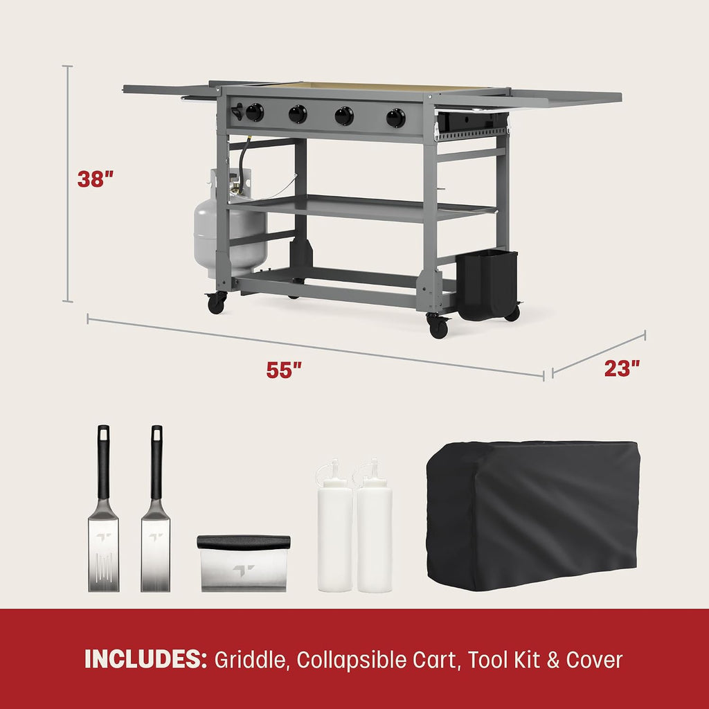 Tytus Fresno 48,000 BTU Flat Top Griddle Grill for Outdoors Includes Key Propane Flattop Grill Accessories: Cover, 2 Spatulas, 2 Bottles & Griddle Scrapper, 4 Burners Evenly Heat Flat Grills