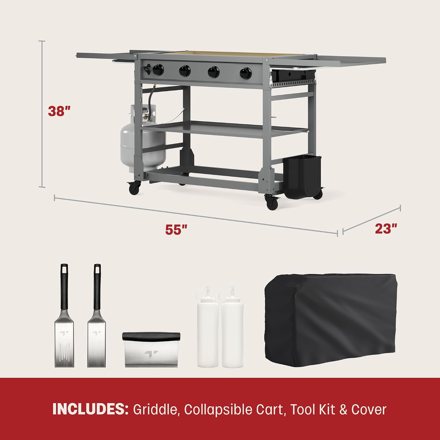 Tytus Fresno 48,000 BTU Flat Top Griddle Grill for Outdoors Includes Key Propane Flattop Grill Accessories: Cover, 2 Spatulas, 2 Bottles & Griddle Scrapper, 4 Burners Evenly Heat Flat Grills