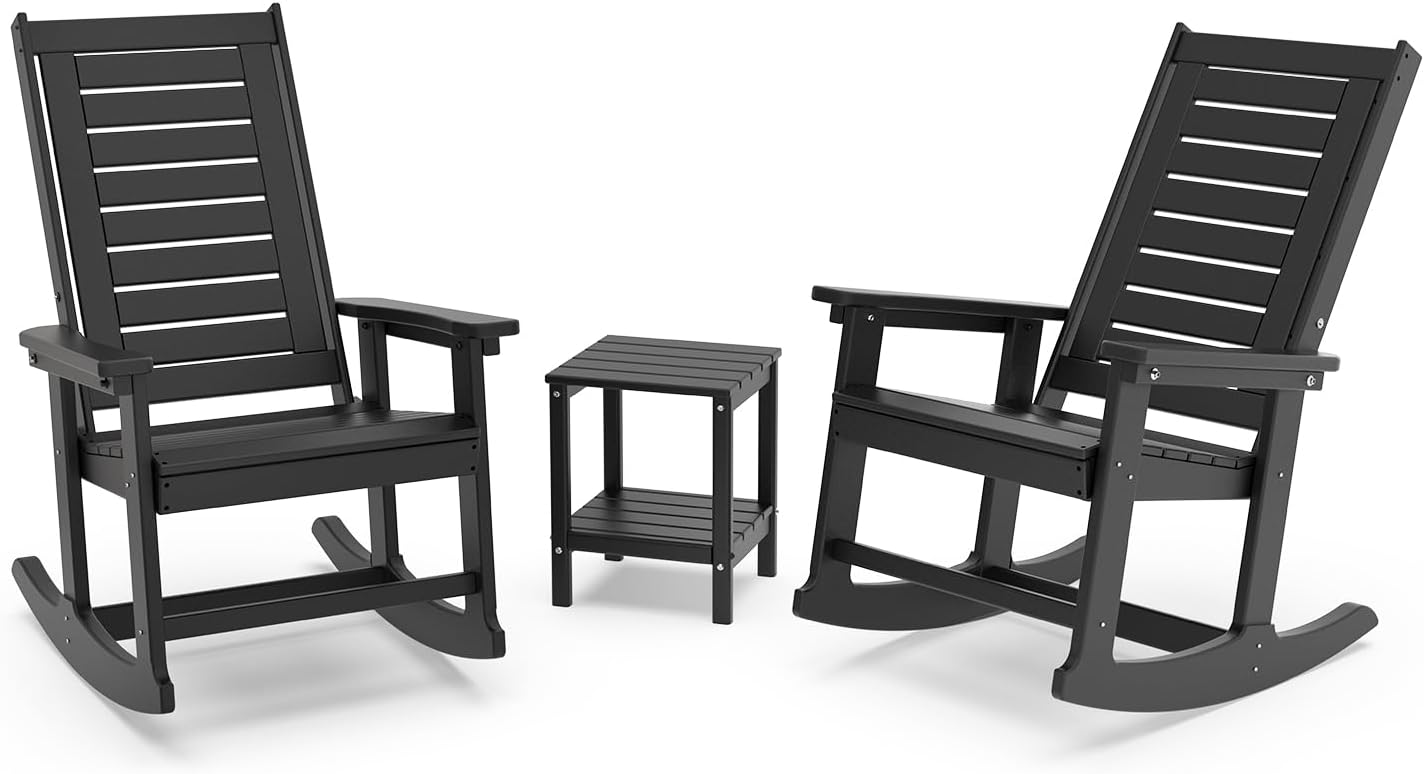 GREENVINES Outdoor Rocking Chair Set | 3-Piece | 2 Rocking Chairs with 1 Side Table | Porch Rocker | HDPE Plastic | Black | Patio Furniture Sets | High Back | Big & Tall | Ladder Back