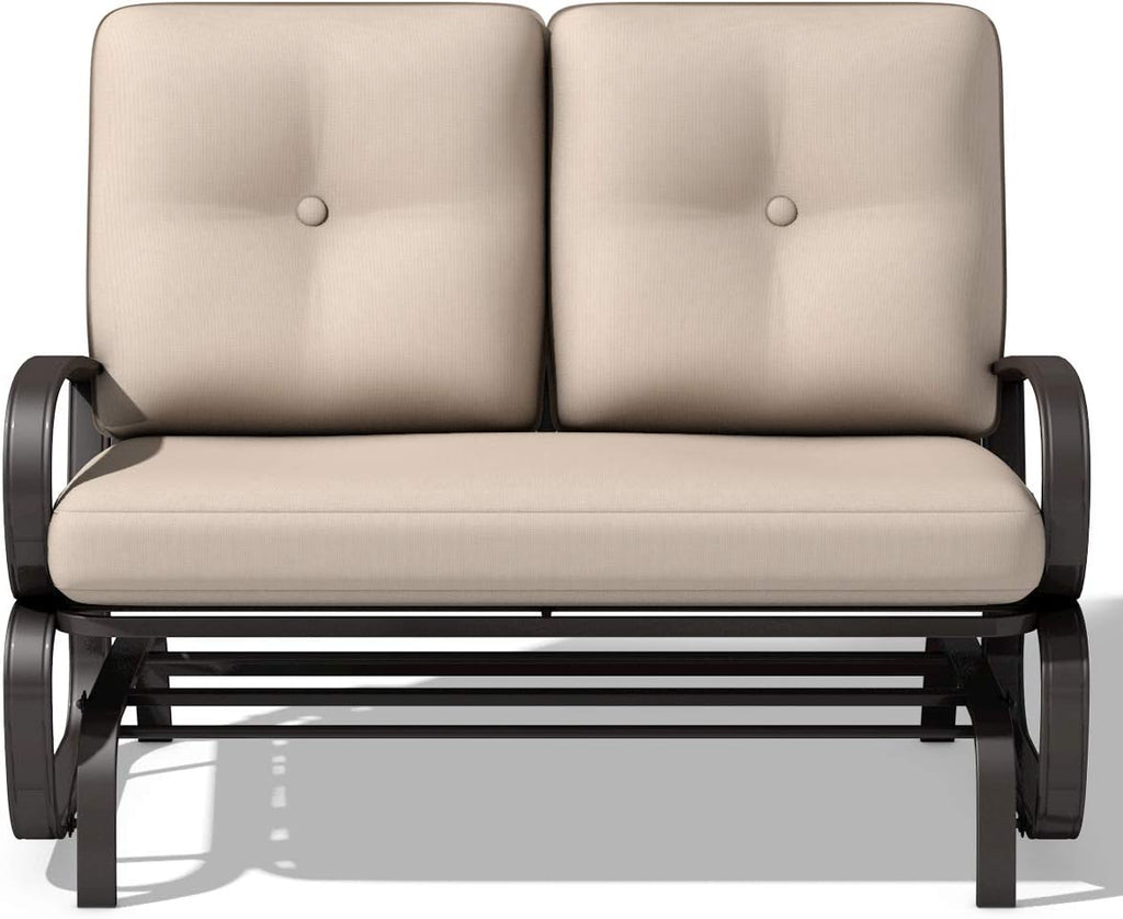 Giantex Outdoor Glider Bench, Patio 2 Person Loveseat with Removable Cushion, Thick Padded Seat, Stable Steel Frame, Outside Glider Swing Chair for Deck, Poolside, Yard, Balcony, Porch, Beige