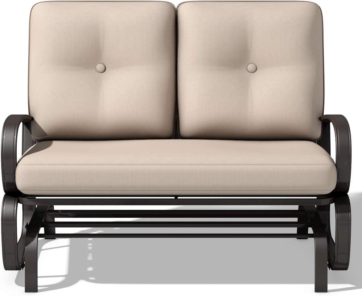 Giantex Outdoor Glider Bench, Patio 2 Person Loveseat with Removable Cushion, Thick Padded Seat, Stable Steel Frame, Outside Glider Swing Chair for Deck, Poolside, Yard, Balcony, Porch, Beige