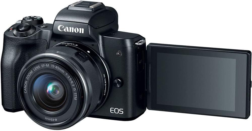 Canon EOS M50 Mirrorless Digital Camera with 15-45mm Lens (Black) (2680C011), 4K Monitor, Pro Headphones, Pro Mic, 2 x 64GB Memory Card, Case, Corel Photo Software, Pro Tripod + More