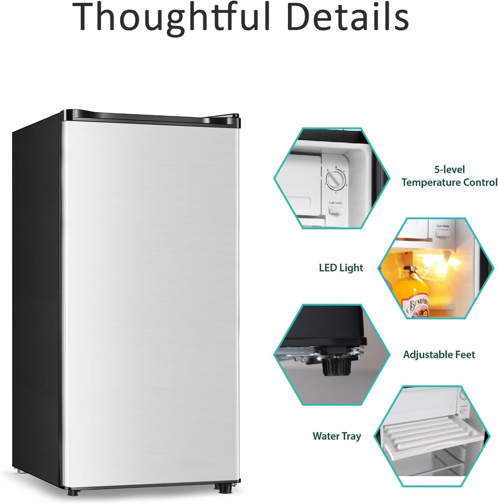 Seaoola Mini Fridge with Freezer, Single Door 3.1 Cu.Ft, Compact Mini Refrigerator, LED Light, Adjustable Thermostat, Removable Glass Shelves, Small Refrigerator for Dorm/Office/Bedroom(Sliver)