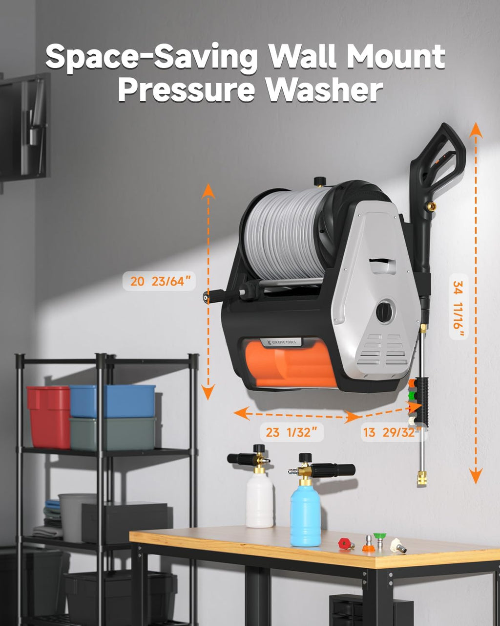 Giraffe Tools Grandfalls Retractable Wall Mounted Pressure Washer Pro, 3700 PSI, 1.6 GPM Electric Power Washer, Automatic Rewind, 100ft Pressure Hoses, 5 Nozzles for Cars/Fences/Patios, Light Silver