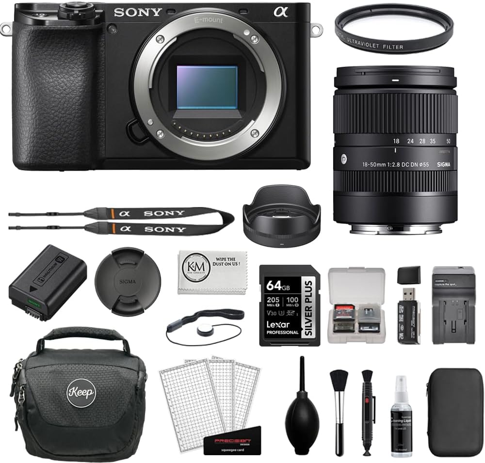 Sony Alpha a6100 Mirrorless Digital Camera Body Bundle with Sigma 18-50mm f/2.8 DC DN Contemporary Lens + 64GB Memory Card + UV Filter + Charger + Camera Bag + Cleaning Kit + Cloth (7 Items)