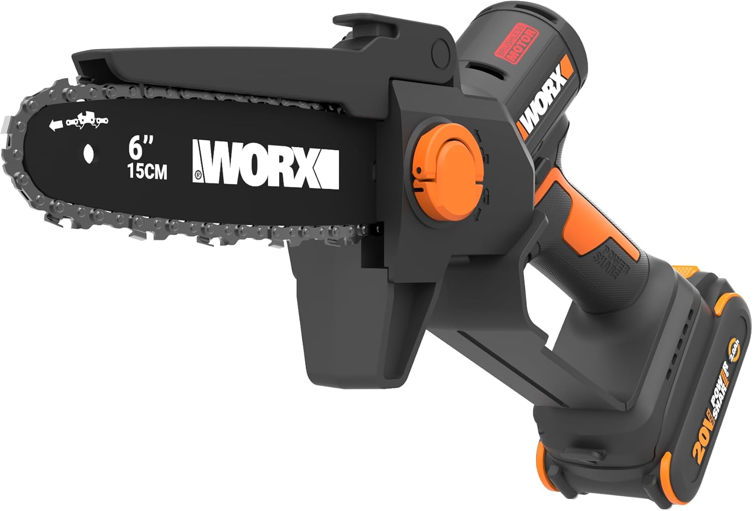 WORX Mini Chainsaw, 20V 6'' Pruning Saw with Brushless Motor, 33 ft/s Chain Speed, Only 3.49 lbs, Includes 20V 2.0 Ah Battery and Charger, PowerShare