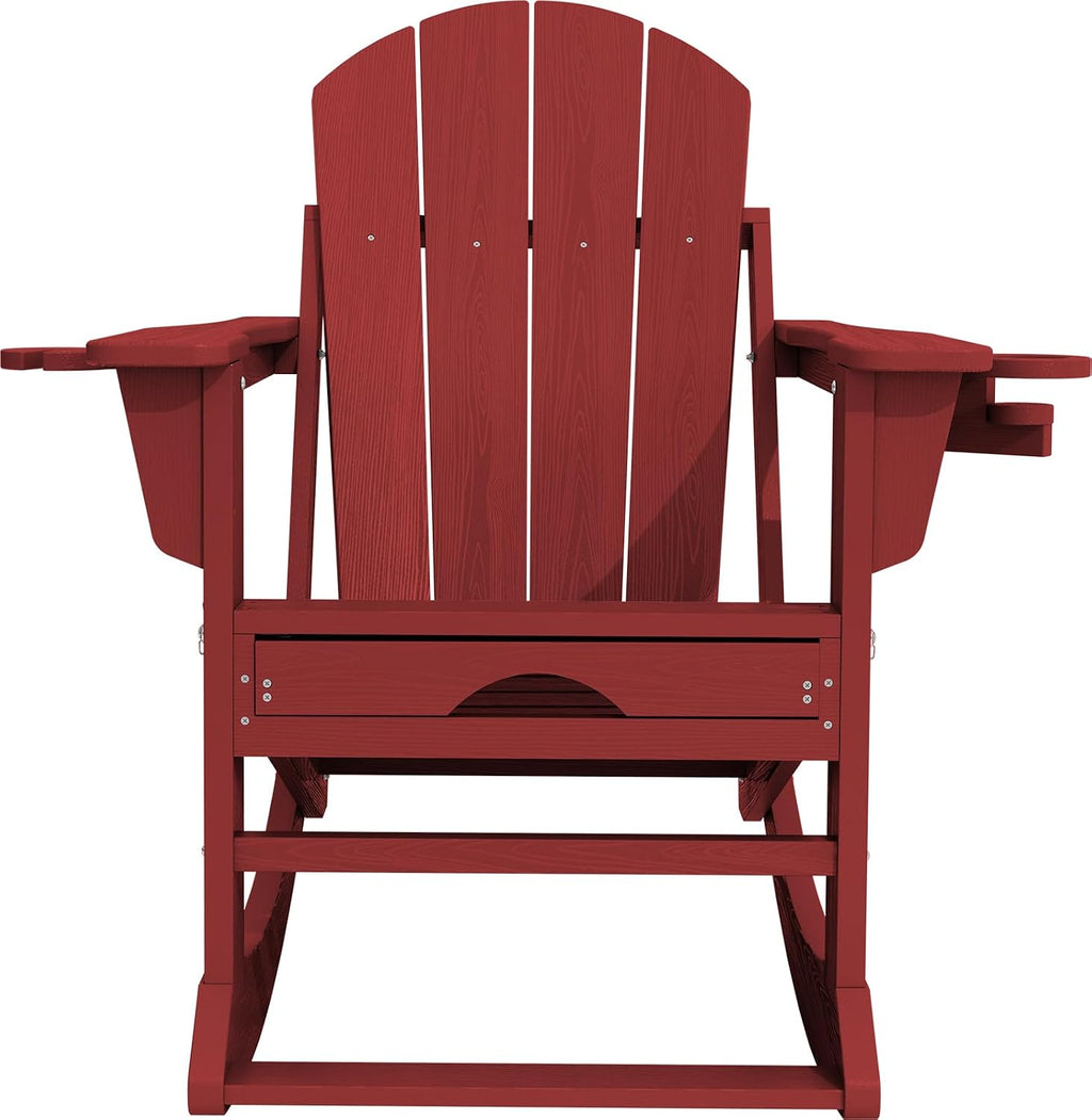 KINGYES Adirondack Rocking Chair Set of 4 with Retractable Ottoman and Cup Holders, HDPE Adirondack Rocker Patio Rocking Chair for Porch, Patio, Balcony, Burgundy Red