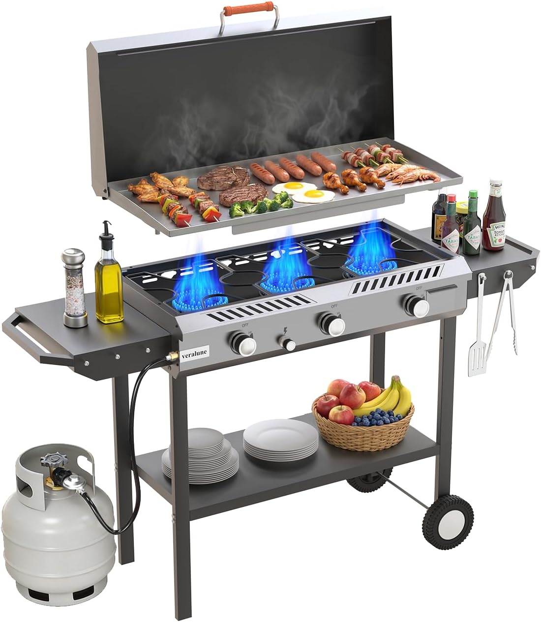 Veralune 2-in-1 Propane Stove & 33'' Griddle Combo with Ignition, 225,000 BTU Powerful Gas Stove & Grill with Side Shelves, Rolling Wheel & Regulator for Outdoor Backyard Camping Cooking Grilling