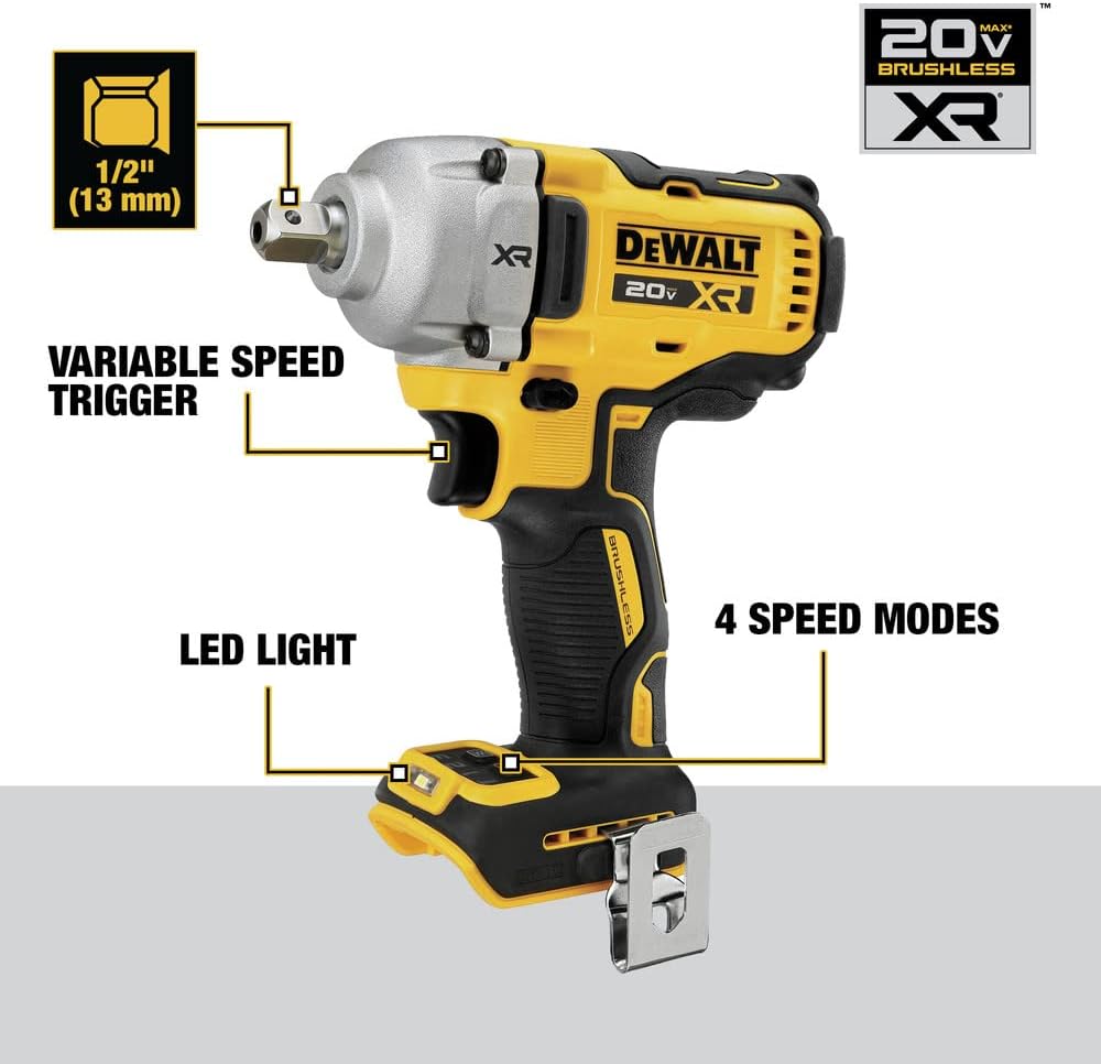 DEWALT 20V MAX XR Cordless Impact Wrench, 1/2', Includes Detent Pin Anvil and Belt Clip, Bare Tool Only (DCF892B)