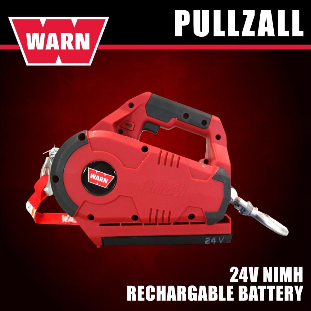 WARN 885030 PullzAll Cordless 24V DC Portable Electric Winch with Steel Cable and 1 Rechargeable Battery Pack: 1/2 Ton (1,000 lb) Lifting/Pulling Capacity, Red