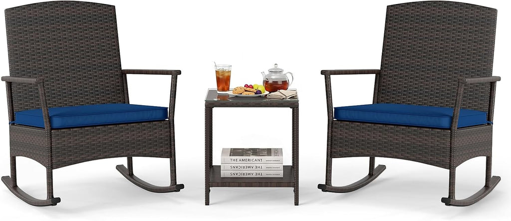 Tangkula 3 Pieces Rocking Wicker Bistro Set, Outdoor Front Porch Rocker Chairs Conversation Set with 2-Tier Tempered Glass Coffee Table and Thick Cushions for Garden, Balcony, Poolside (Navy)
