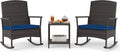Tangkula 3 Pieces Rocking Wicker Bistro Set, Outdoor Front Porch Rocker Chairs Conversation Set with 2-Tier Tempered Glass Coffee Table and Thick Cushions for Garden, Balcony, Poolside (Navy)
