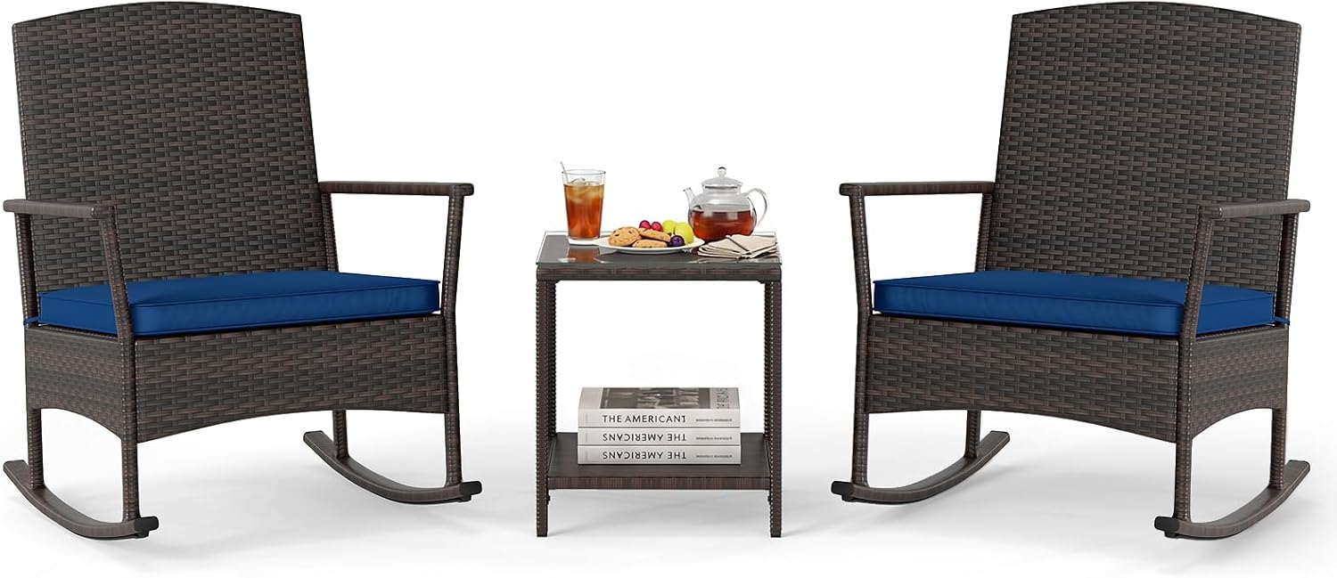 Tangkula 3 Pieces Rocking Wicker Bistro Set, Outdoor Front Porch Rocker Chairs Conversation Set with 2-Tier Tempered Glass Coffee Table and Thick Cushions for Garden, Balcony, Poolside (Navy)