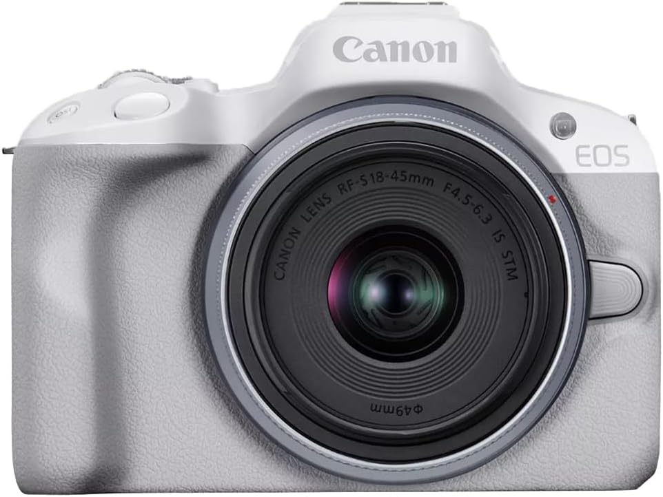 Canon EOS R50 Mirrorless Camera (White) with RF-S 18-45mm F4.5-6.3 is STM Lens 5812C012 Bundle with Deco Gear Photography Bag + Microphone + Tripod + Software & Accessories Kit