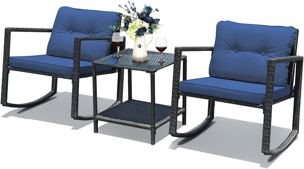 Tangkula 3 Pieces Patio Wicker Rocking Bistro Set, Outdoor Rocking Chair Furniture with Cushioned Seat, Conversation Set with Glass Coffee Table and Storage Shelf (Navy Blue)