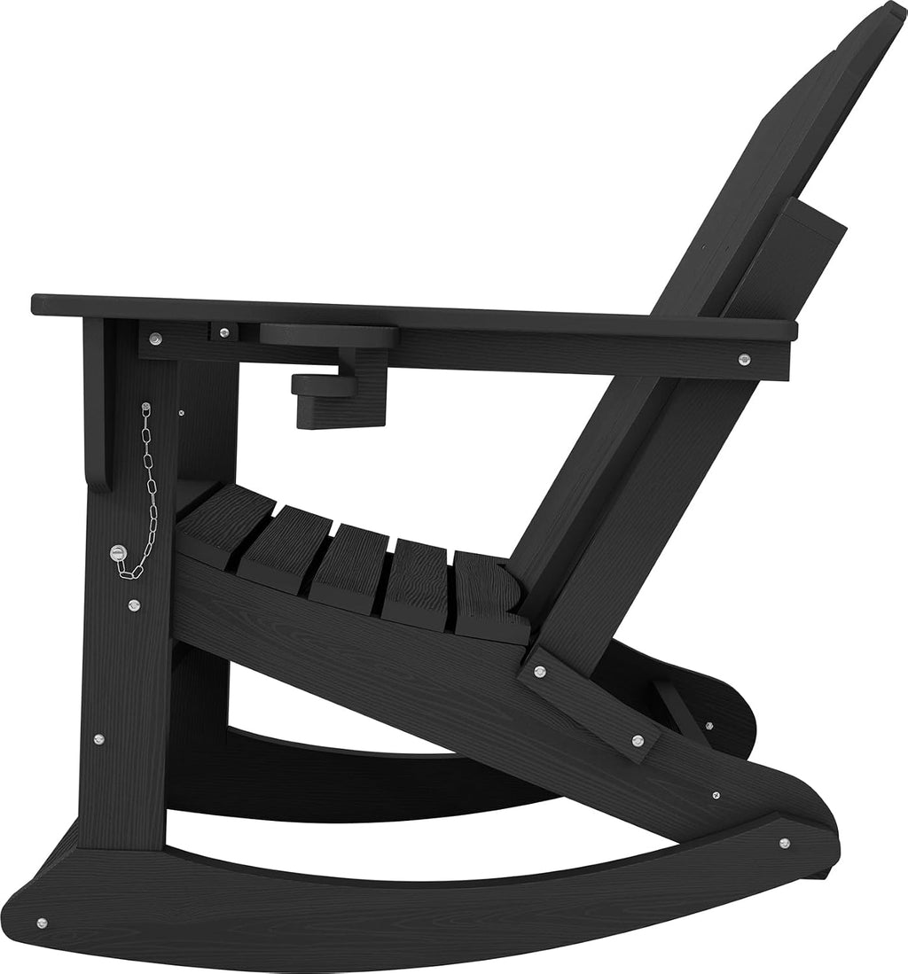 KINGYES Adirondack Rocking Chair Set of 4 with Retractable Ottoman and Cup Holders, HDPE Adirondack Rocker Patio Rocking Chair for Porch, Patio, Balcony, Black