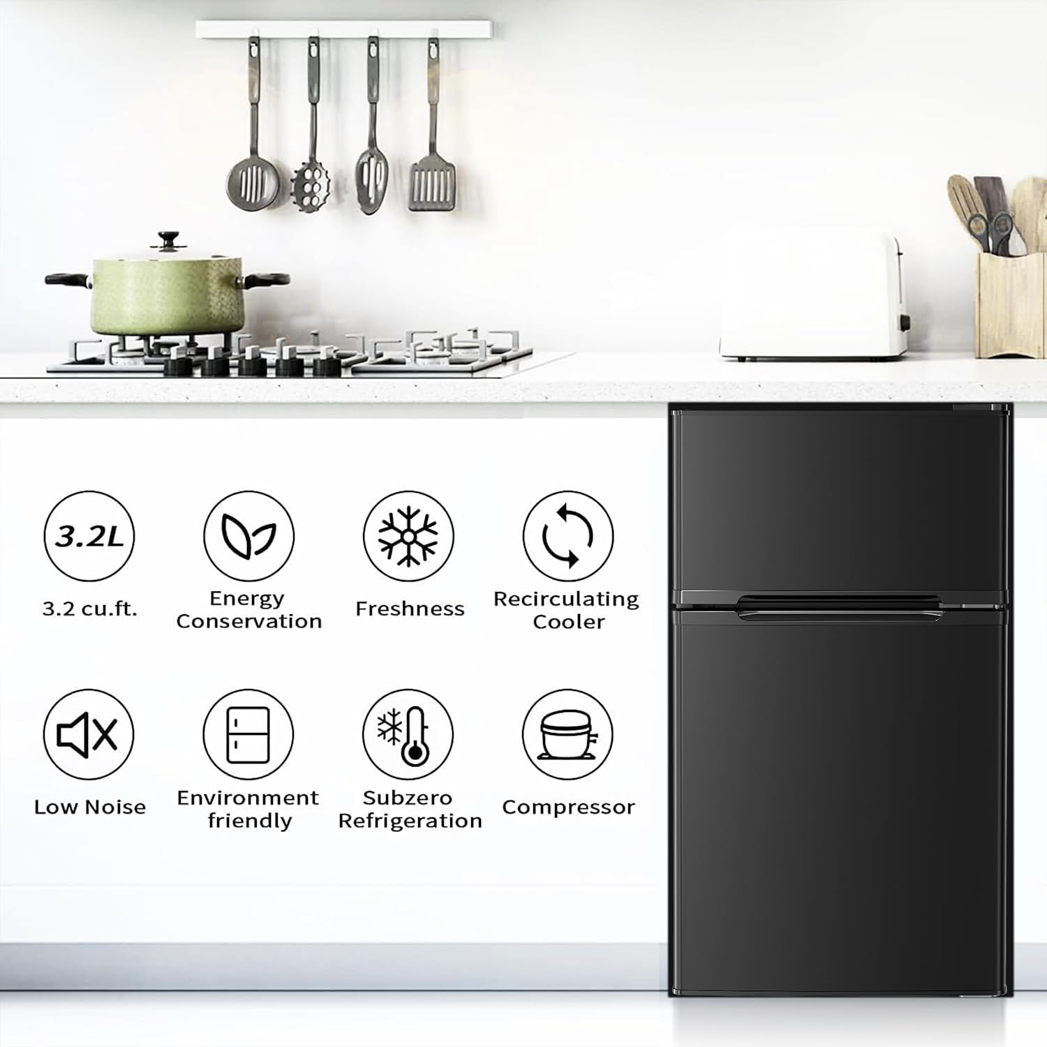 Antarctic Star Mini Compact Refrigerator, 3.2 Cu.Ft. Separate Freezer Double 2-Door Adjustable Removable Shelves for Apartment/Dorm/Office,BLACK