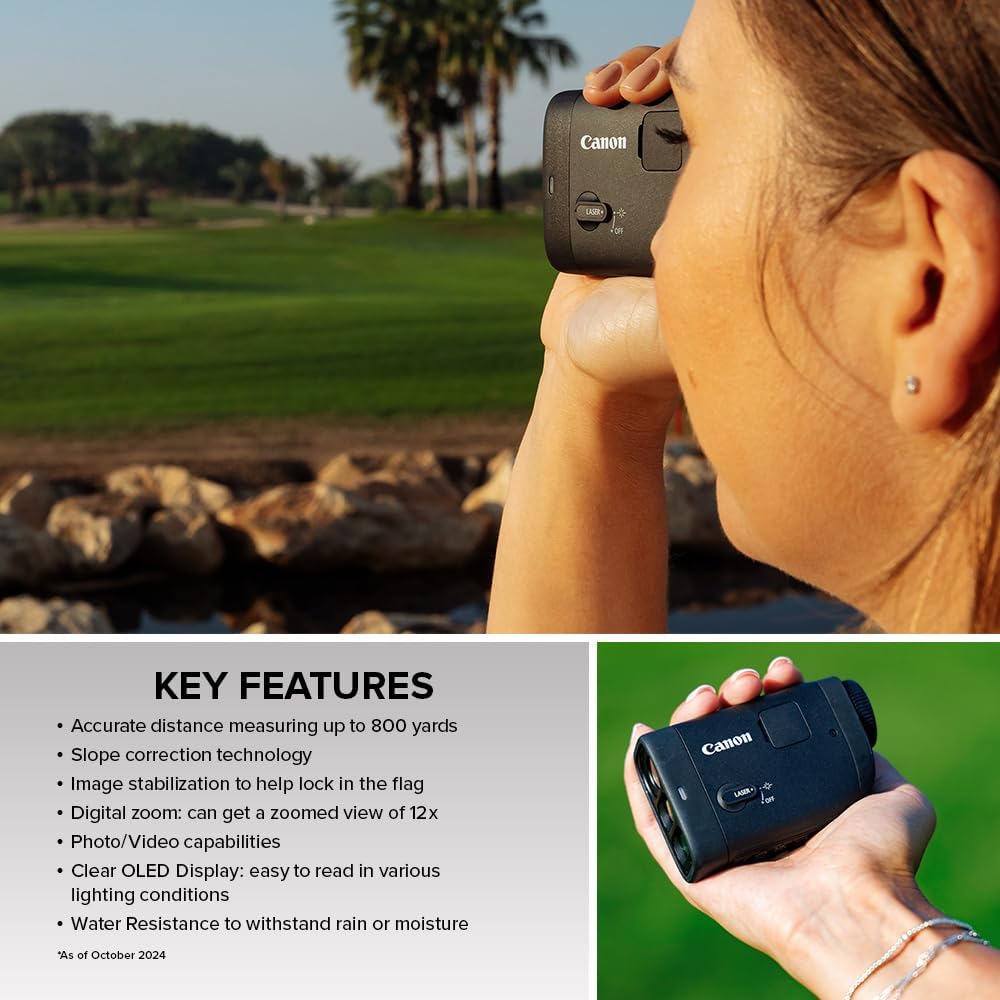 Canon PowerShot Golf Digital Laser Rangefinder, 6–12× Zoom Monocular, Slope Correction, Image Stabilization, Built‑in Camera (Photo & Video), IPX4 Water‑Resistant, Compact for Precision Golf, Black