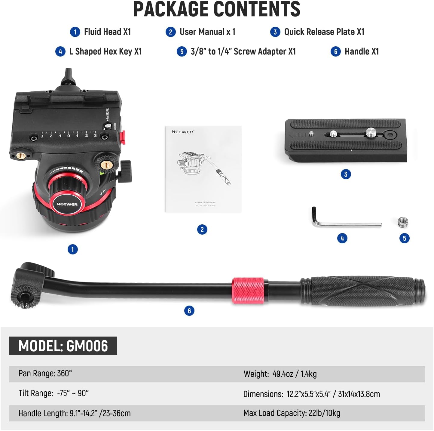 NEEWER Heavy Duty Video Tripod Fluid Head with Stepless Adjustable Pan/Tilt Damping, Quick Release Plate, Compatible with DJI RS Gimbals, Adjustable Handle, ⌀75mm Base, Max Load 22lb, GM006